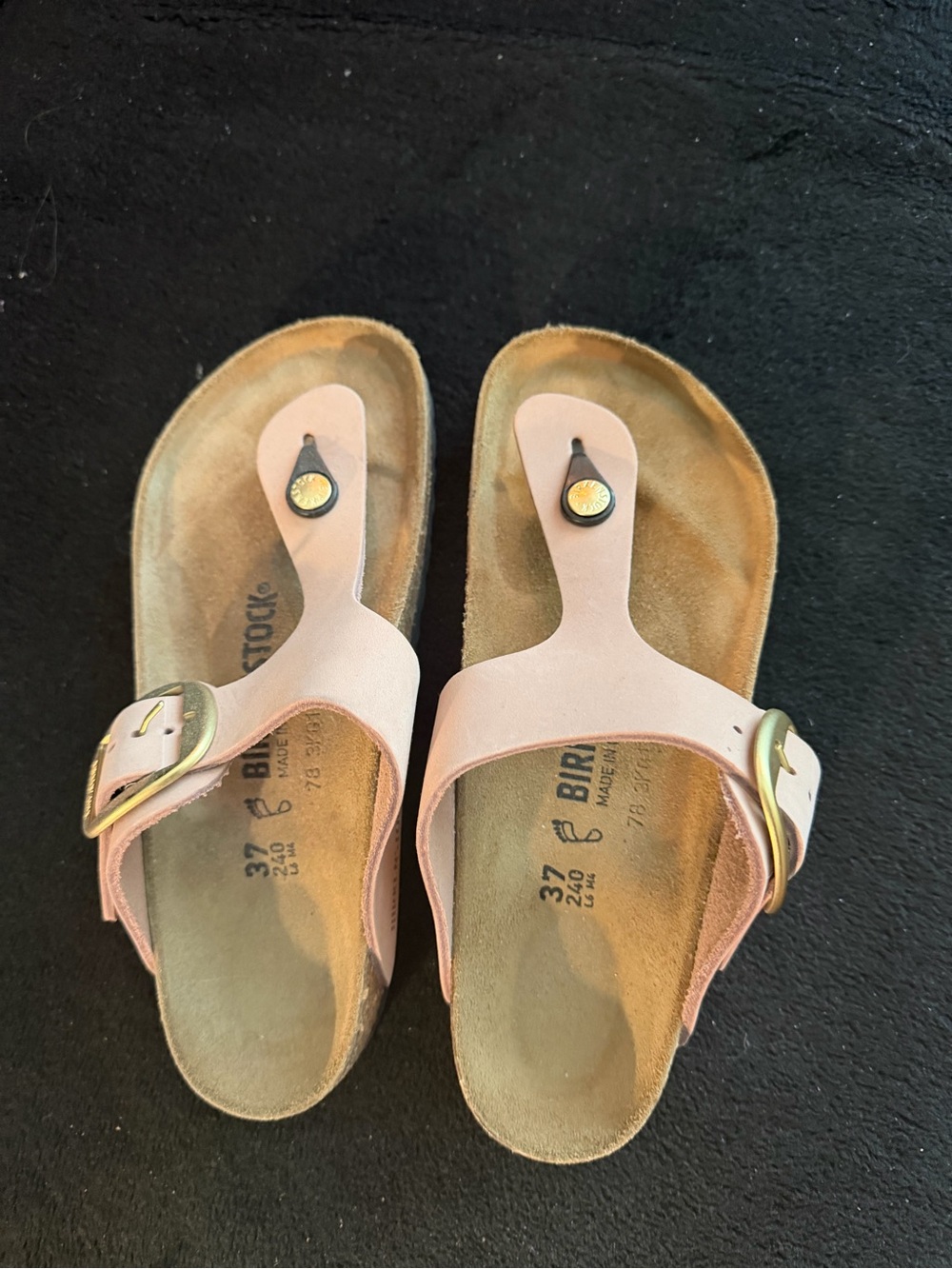Birkenstock Pink Leather Thong Sandals with Gold Buckles